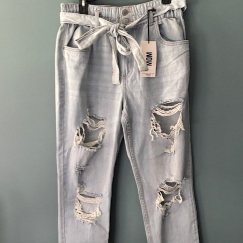 Refuge Mom Paperbag High Rise Distressed Belted Light Wash Streetwear XL NWT